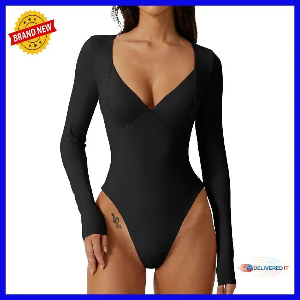 Long Sleeve V Neck Bodysuit Seamed Cup Sculpting Tops